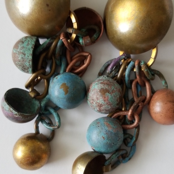 Dannah Designer Dangling Clip On Copper Brass Patina Link Handmade Earrings - Picture 6 of 16